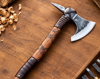 Double Head Tomahawk Axe, Handmade Camping Hatchet, Leather Wrapped Handle, Bushcraft Tool, Survival Axe, Outdoor Woodworking