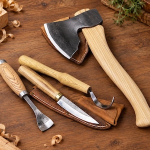 Puede incluir: Un conjunto de herramientas para trabajar la madera que incluye un hacha con cabeza de metal oscuro y mango de madera clara, un cuchillo de hoja recta, un cuchillo de gancho y un cincel plano, todos con mangos de madera clara y fundas de cuero.