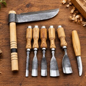 Hand Forged Woodworking Tool Set, 7 Piece Carving Kit, 52100 Carbon Steel, Sloyd Knife, Gouges, Froe, Leather Sheaths