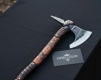 Double Head Tomahawk Axe – Handmade Camping Hatchet, Leather Wrapped Handle, Bushcraft Survival Axe, Outdoor Tool