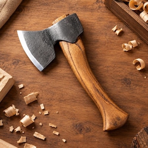 May include: A hand axe with a dark, forged metal head featuring a sharpened silver edge and a curved, polished wooden handle. The tool is positioned with wood shavings scattered around it, showcasing the natural grain of the wood handle.