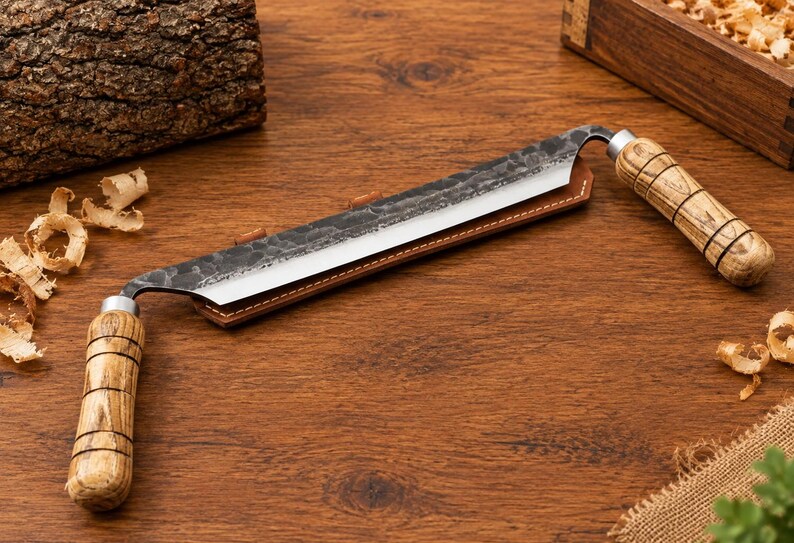 May include: A drawknife with a long, straight, dark hammered metal blade and two light brown wooden handles with black ring details. The blade is partially inserted into a brown leather sheath, featuring a sharp, polished cutting edge.