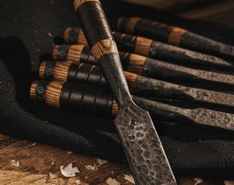 Hand Forged Bevel Edge Chisel Set – Ash Wood Handles, Leather Tool Bag, Woodworking Chisels, Carpenter Tool Set