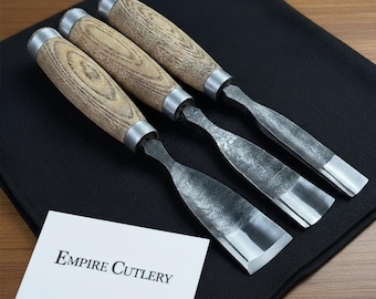 Wood Carving Gouge Set 3PC – Hand Forged 52100 Steel, Leather Case, Professional Woodworking & Sculpting Tools