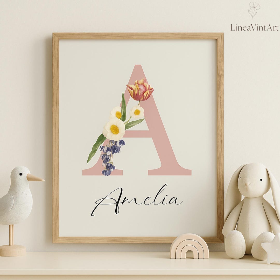 Personalized Floral Initial Nursery Photo Frame, Custom Baby Girl Name ...