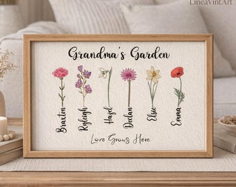 Personalized Grandma's Garden Birth Flower Print for Nana, Custom Birth Flower Bouquet Photo Frame, Grandchildren Names Wall Art