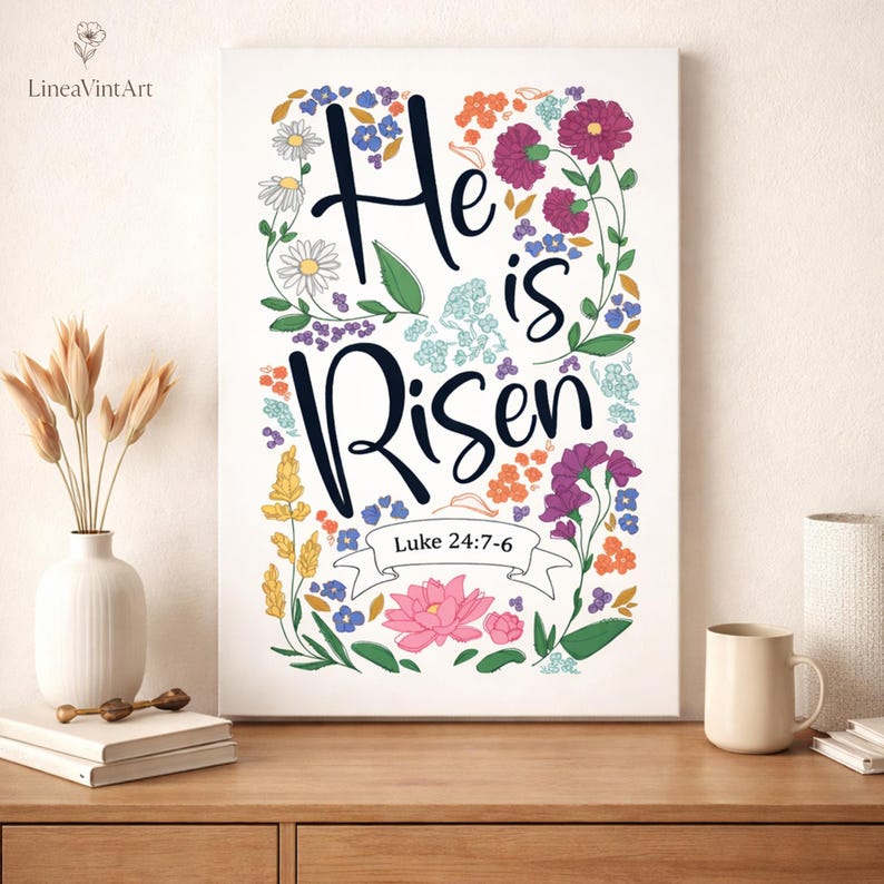 He is Risen Floral Christian Canvas Wall Art, Christian Easter Home ...