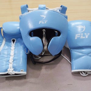 Può includere: Un set di attrezzatura da boxe azzurro composto da un caschetto e due guanti da boxe. Il caschetto e i guanti presentano il logo e la scritta FLY in bianco. Il guanto sinistro è dotato di un sistema di chiusura con lacci bianchi.