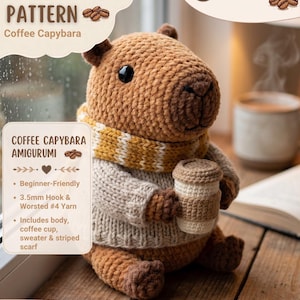 Modèle de capybara au crochet, PDF d'amigurumi kawaii, tutoriel de pull tasse à café (téléchargement instantané)