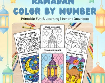 Hojas para colorear por números de Ramadán / Páginas para colorear islámicas imprimibles para niños / Páginas de actividades de Ramadán (PDF)