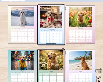 May include: A 2026 printable calendar featuring images of golden retriever puppies in various settings. The calendar includes months January through June, with each month showcasing a different puppy scene. The title "2026 Printable Calendar" is at the top.