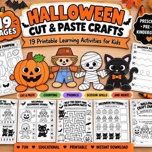 May include: A collection of 19 printable Halloween cut and paste craft activity pages for children, featuring illustrations of a pumpkin, scarecrow, mummy, and black cat, with educational exercises including counting, phonics, and scissor skills.