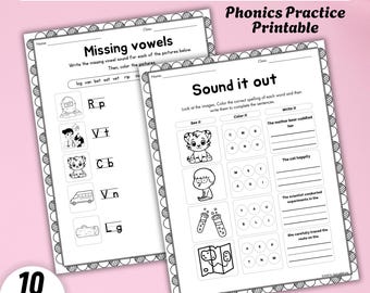 Puede incluir: Dos hojas de trabajo en blanco y negro para niños con los títulos "Missing Vowels Worksheets for Kids" y "Phonics Practice Printable". Las hojas de trabajo tienen ejercicios para completar con imágenes. La esquina inferior izquierda tiene el texto "10 PAGES".
