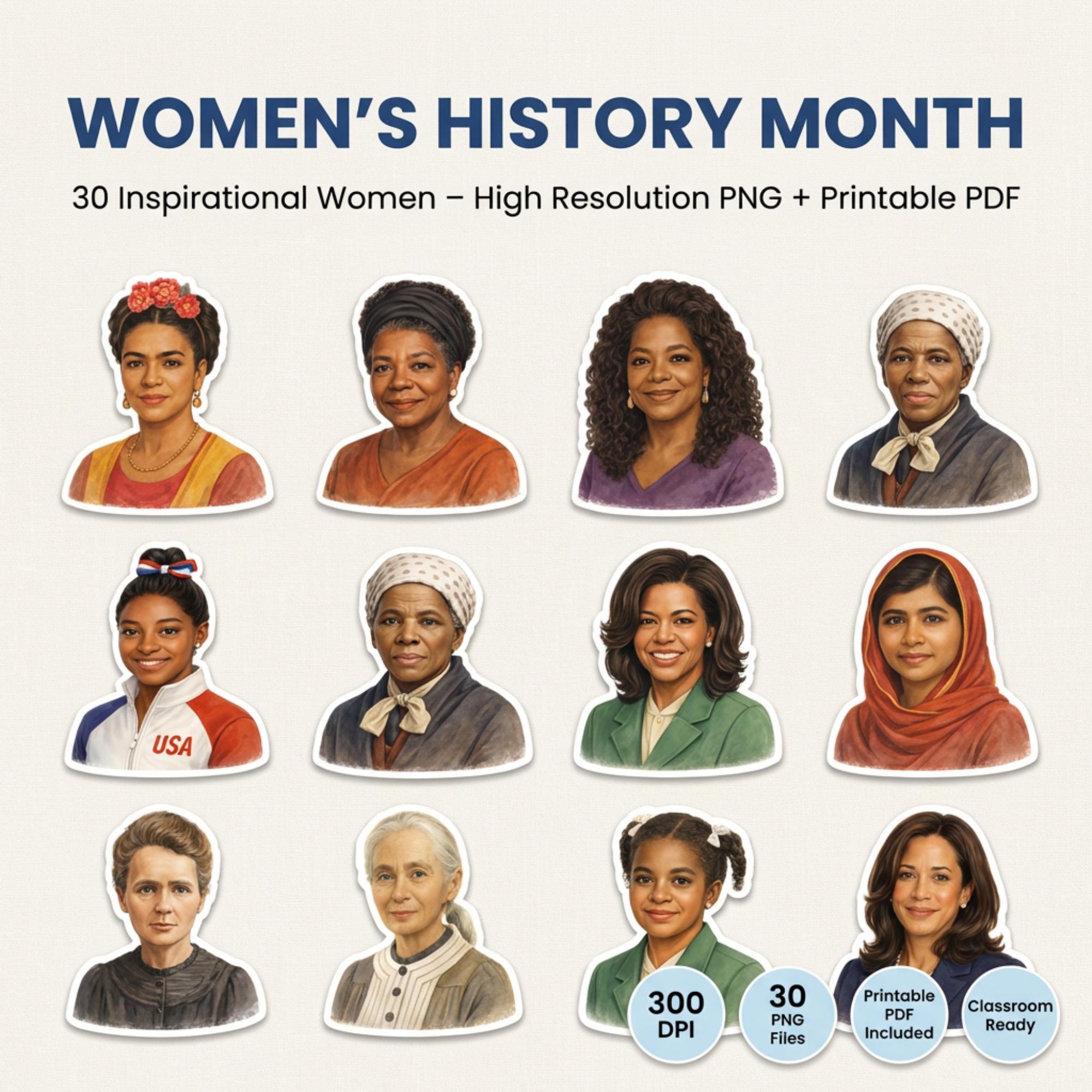 30 Women’s History Month Clipart Bundle – 30 Famous Women PNG Stickers ...