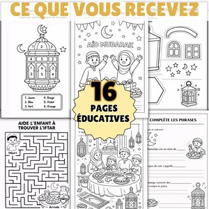 May include: A collection of 16 educational pages with line drawings, including a maze, coloring pages, and fill-in-the-blank exercises. The pages feature illustrations of lanterns, crescent moons, stars, and people celebrating. Text includes "Aid Mubarak" and "Aide L'enfant &agrave; Trouver L'Iftar."