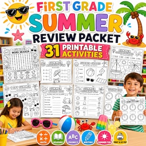 Puede incluir: Un paquete educativo colorido para estudiantes de primer grado con las palabras "First Grade Summer Review Packet" y "31 Printable Activities". La imagen incluye hojas de trabajo con temas de verano, una pelota de playa, gafas de sol y un sol sonriente.