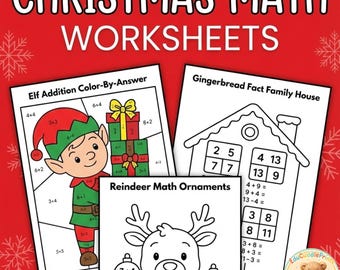 Op de afbeelding: Een verzameling kerst-wiskundewoordensheets. De werkbladen bevatten een elf kleur-per-antwoord, een peperkoek feitjesfamiliehuis en rendier wiskunde ornamenten. De tekst "CHRISTMAS MATH WORKSHEETS" staat bovenaan.