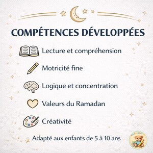 May include: A cream-colored educational poster with the text "COMP&Eacute;TENCES D&Eacute;VELOPP&Eacute;ES" and illustrations. The poster lists skills like reading, fine motor skills, logic, Ramadan values, and creativity. It is suitable for children aged 5 to 10.