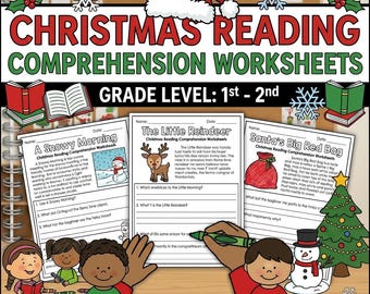 Puede incluir: Hojas de trabajo de comprensión de lectura navideñas para los grados 1º-2º. La imagen presenta tres hojas de trabajo con historias y preguntas con temática navideña, junto con ilustraciones de un muñeco de nieve, un reno y el saco de Papá Noel.