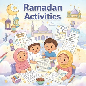 May include: A colorful illustration titled "Ramadan Activities" shows children engaged in various activities. The image includes a crescent moon, lanterns, a mosque, and activity sheets with the text "Ramadan Bingo" and "Good Deeds Chart."