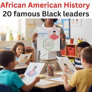 Puede incluir: Escena de aula con una maestra sosteniendo un póster sobre Muhammad Ali, con el texto "African American History 20 famous Black leaders". Los estudiantes están sentados en escritorios, cada uno sosteniendo un dibujo de un líder negro. El póster incluye un retrato de Muhammad Ali.