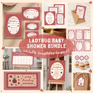 Puede incluir: Un conjunto de papelería para baby shower con temática de mariquita en rojo y blanco. Incluye invitaciones, tarjetas de agradecimiento y boletos de rifa. El texto "LADYBUG BABY SHOWER BUNDLE" y "editable templates to print" son visibles.