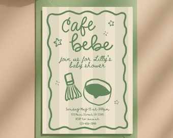 Cafe Bebe Shower Invitation: Matcha Tea Coffee Shop Theme Baby Shower Invite