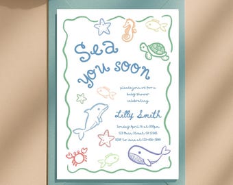 Zaproszenie na baby shower z motywem przybrzeżnego oceanu, edytowalne, neutralne pod względem płci, do druku