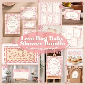 Puede incluir: Un conjunto de imprimibles para baby shower en rosa y blanco con el tema "Love Bug". Incluye invitaciones, juegos, etiquetas de comida y etiquetas de agradecimiento. El diseño presenta patrones de cuadros, mariposas y mariquitas. El texto "A Little Lovebug is on the Way" es visible.