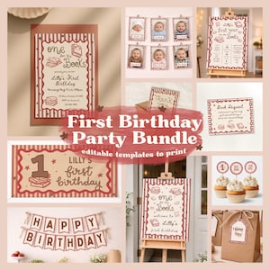 Puede incluir: Un conjunto de decoraciones imprimibles para la fiesta del primer cumpleaños en un esquema de color rojo y crema. Incluye invitaciones, pancartas, adornos para cupcakes y un letrero de bienvenida. El tema es "uno para los libros".