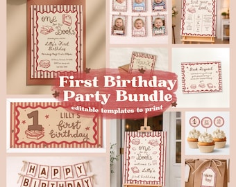 One for the Books 1st Birthday Bundle | Party Decoration Kit Canva Templates | First Birthday Printables