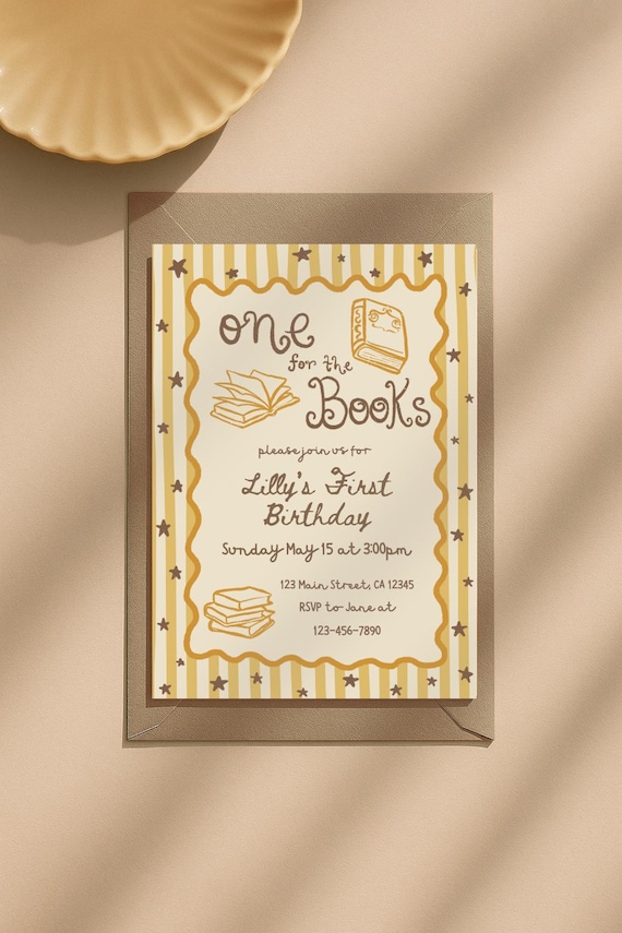 One for the Books Birthday Invitation | Editable Library Book Theme Party Printable 5x7 Canva Template | Customizable First Birthday Invite