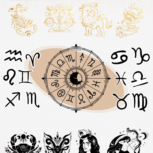 Astrology Zodiac Signs Graphics Bundle l Horoscope Glyphs, Wheels, Symbols Clip Art Images- SVG PNG EPS Digital Download