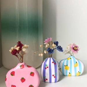Peut inclure: Trois petits vases décoratifs en céramique avec des fleurs séchées. Les vases sont peints avec différents motifs : rose avec des fraises, rayures bleues et blanches avec des cerises et rayures bleues et blanches avec des citrons. Les vases mesurent environ 10 cm de haut.
