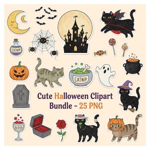25 Cute Halloween Clipart PNG Bundle | Ghost Spider Bat Castle Pumpkin Clip Art | Digital Download for Sublimation & Stickers