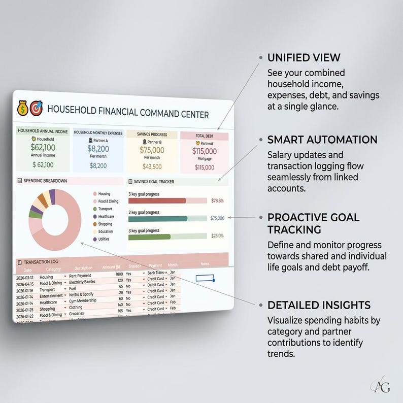 Puede incluir: Un panel financiero digital titulado Household Financial Command Center que incluye secciones para ingresos anuales, gastos mensuales, ahorro, deuda total, un gr&aacute;fico de anillo, un rastreador de objetivos y un registro de transacciones.