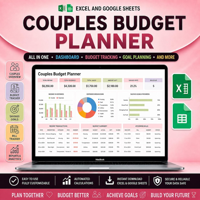 Puede incluir: Un planificador de presupuesto digital para parejas en una pantalla de port&aacute;til, compatible con Excel y Google Sheets. La interfaz incluye un panel con gr&aacute;ficos de seguimiento de ingresos, gastos, ahorros y facturas, rodeado de iconos de funciones.