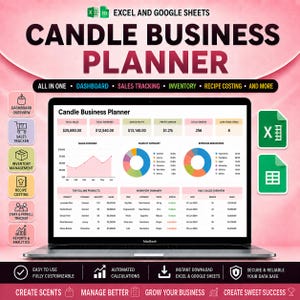 Puede incluir: Un planificador digital de negocios de velas para Excel y Google Sheets mostrado en una pantalla de portátil. La interfaz presenta un panel con seguimiento de ventas, gestión de inventario, cálculo de costes y análisis con gráficos.