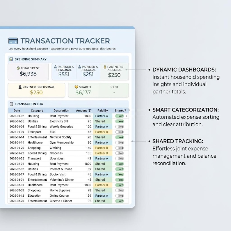 Puede incluir: Una hoja de c&aacute;lculo digital de seguimiento de transacciones que incluye una secci&oacute;n de resumen de gastos con el total gastado y los totales por socio, adem&aacute;s de un registro detallado con columnas para fecha, categor&iacute;a y monto.