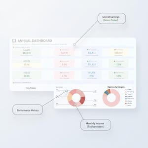 Puede incluir: Una interfaz de panel anual que muestra datos financieros con tablas y gr&aacute;ficos. Incluye secciones para indicadores financieros anuales, ratios clave, ingresos mensuales representados por un gr&aacute;fico de anillos y gastos por categor&iacute;a.