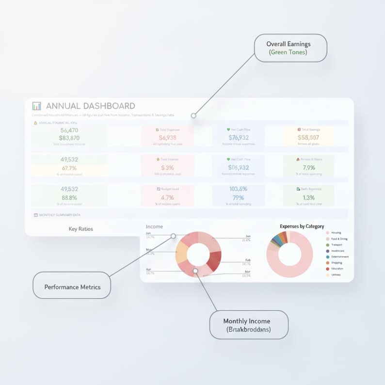 Puede incluir: Una interfaz de panel anual que muestra datos financieros con tablas y gr&aacute;ficos. Incluye secciones para indicadores financieros anuales, ratios clave, ingresos mensuales representados por un gr&aacute;fico de anillos y gastos por categor&iacute;a.
