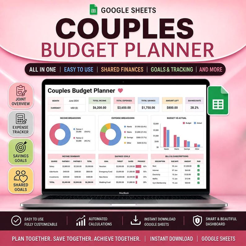 Couples Budget Planner Spreadsheet | Shared Family Budget Tracker for Google Sheets & Excel Digital Download