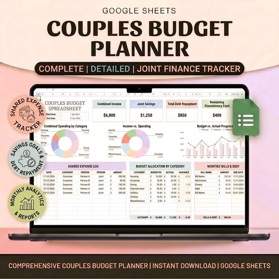 Couples Budget Planner Spreadsheet | Shared Family Budget Tracker for Google Sheets & Excel Digital Download