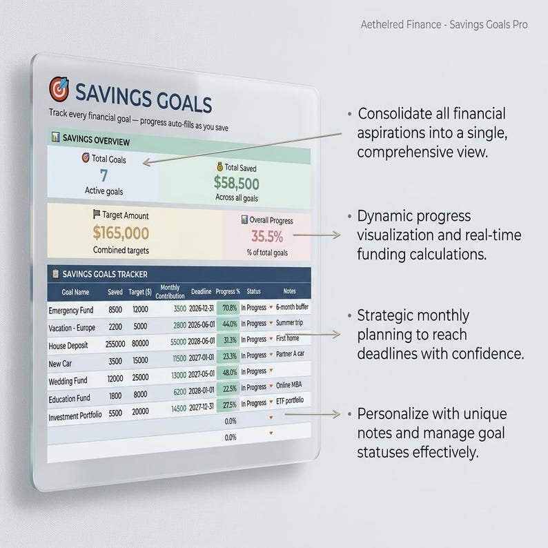 Puede incluir: Un panel digital titulado Aethelred Finance - Savings Goals Pro que muestra un resumen de ahorros con 7 objetivos activos y $58,500 ahorrados. Una tabla de seguimiento de objetivos enumera fondos espec&iacute;ficos, montos objetivo y fechas l&iacute;mite.