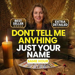 May include: A person sits behind a spread of tarot cards with a lit yellow pillar candle in the foreground. Text on the image reads: BEST SELLER, EXTRA DETAILED, DONT TELL ME ANYTHING JUST YOUR NAME, and SAME HOUR. The background features a tapestry.