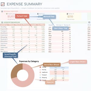Puede incluir: Un panel de resumen de gastos que incluye una descripci&oacute;n general de gastos, una tabla de desglose por categor&iacute;as y un gr&aacute;fico de anillos titulado Expenses by Category. La interfaz contiene varios puntos de datos, etiquetas y cuadros de texto.