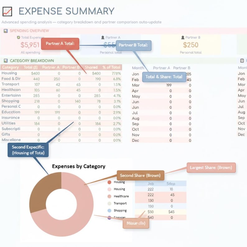 Puede incluir: Un panel de resumen de gastos que incluye una descripci&oacute;n general de gastos, una tabla de desglose por categor&iacute;as y un gr&aacute;fico de anillos titulado Expenses by Category. La interfaz contiene varios puntos de datos, etiquetas y cuadros de texto.