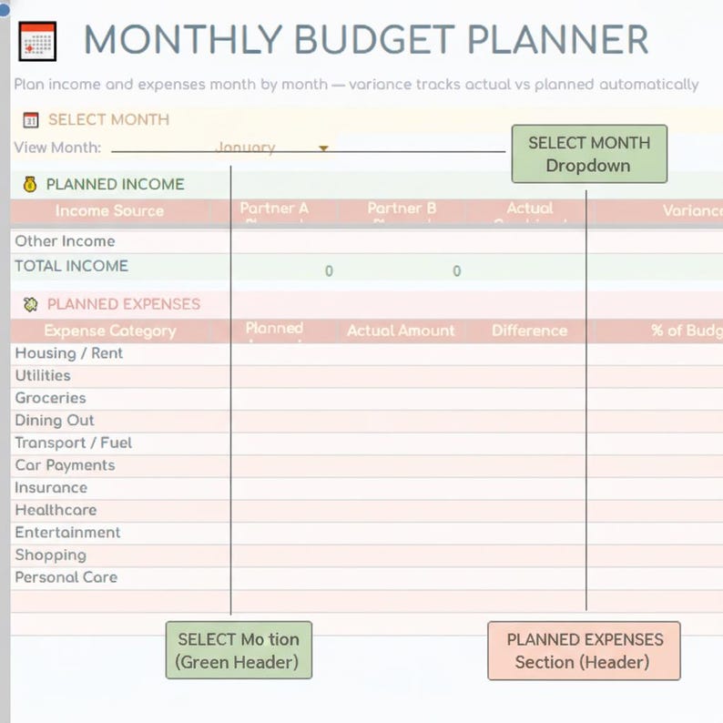 Puede incluir: Una plantilla digital de planificador de presupuesto mensual con el encabezado MONTHLY BUDGET PLANNER. El dise&ntilde;o incluye secciones para PLANNED INCOME y PLANNED EXPENSES con columnas para fuentes de ingresos, socio A y B, reales y varianza.