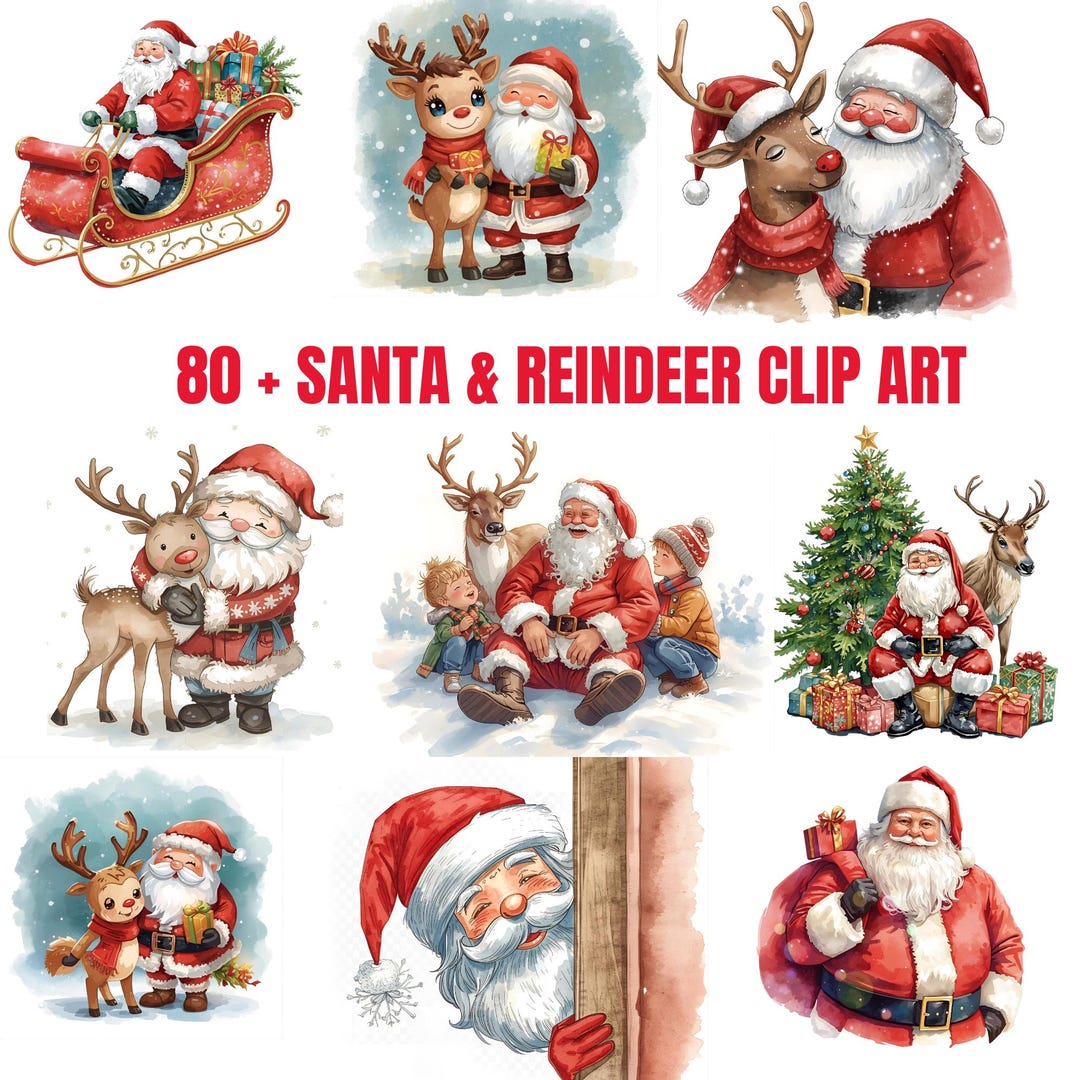 Santa & Reindeer Watercolor Clipart Bundle (PNG, SVG) - Etsy