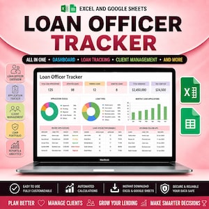 May include: A digital Loan Officer Tracker dashboard displayed on a laptop screen, featuring Excel and Google Sheets icons, data charts, loan application metrics, and client management tables for tracking loan performance and financial analytics.